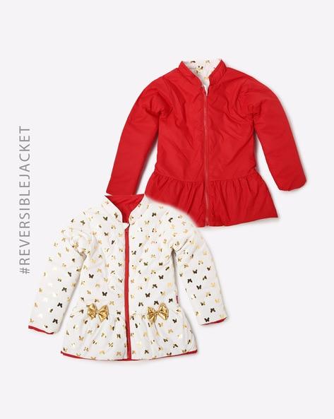 foil print reversible puffer jacket with bow-accent