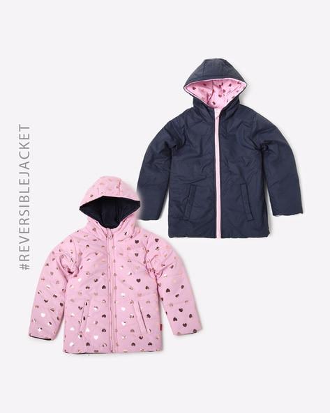 foil print reversible puffer jacket with slip pockets