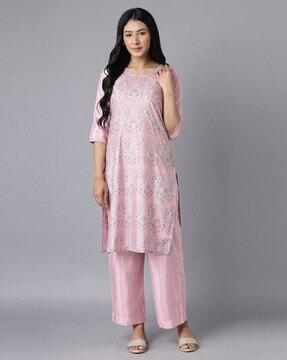 foil print round-neck straight kurta with palazzo