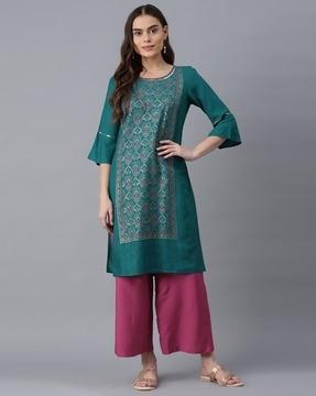 foil print round-neck straight kurta with palazzo