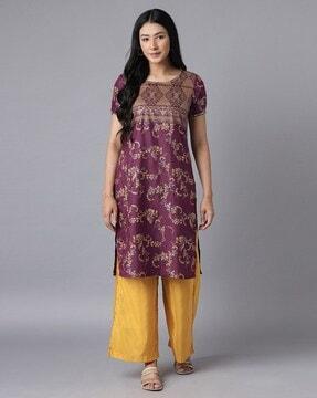 foil print round-neck straight kurta with palazzo