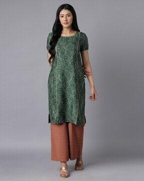 foil print round-neck straight kurta with palazzo