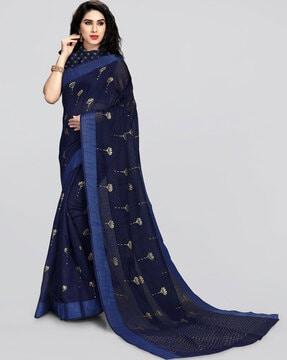 foil print saree with unstitched blouse piece