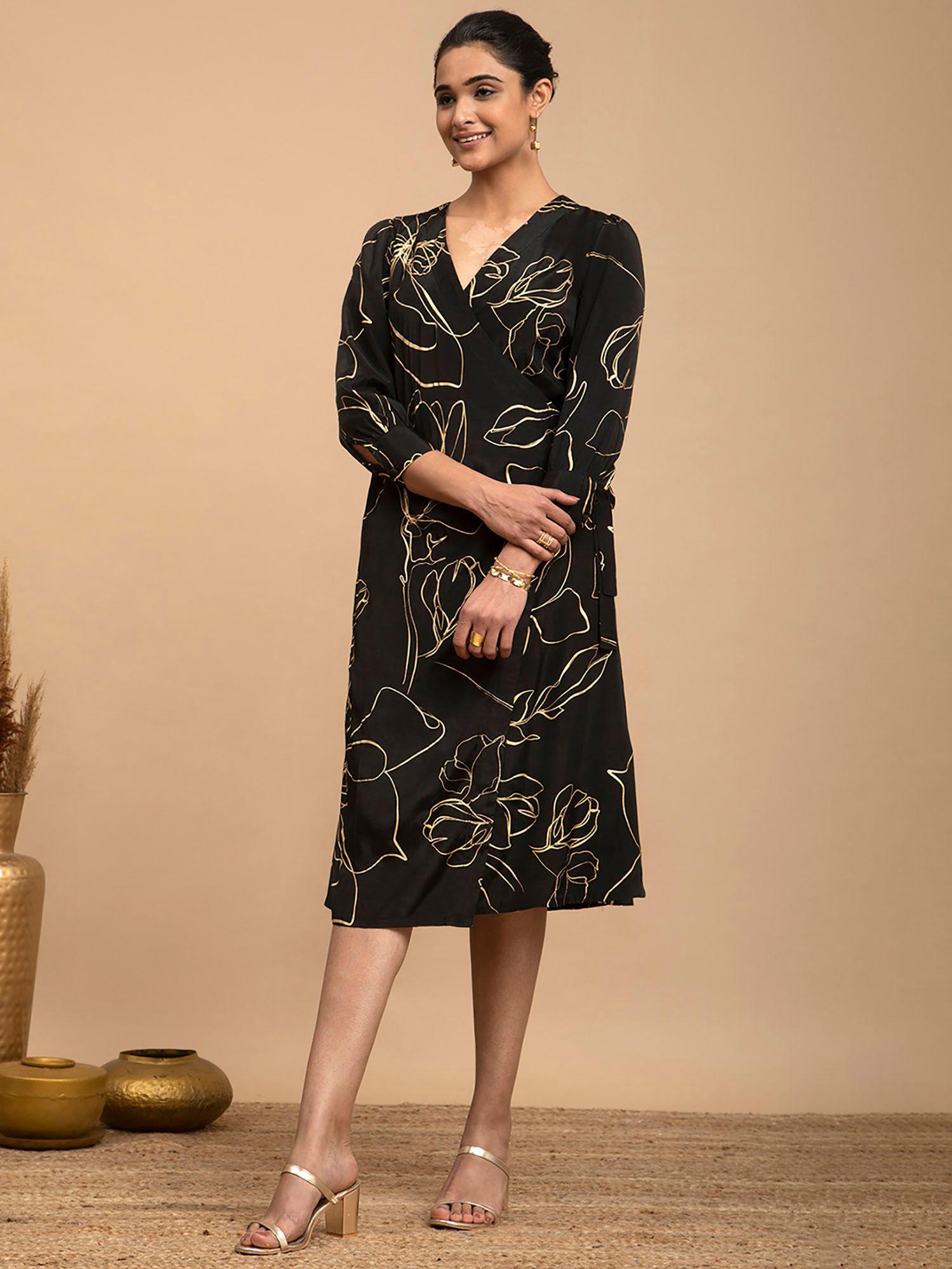foil print silk dress - black