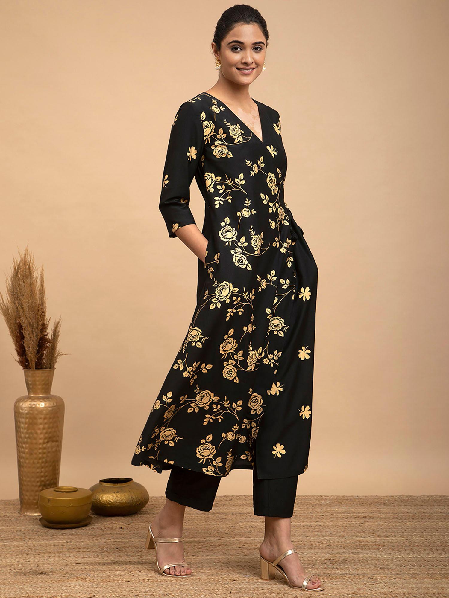 foil print silk kurta - black