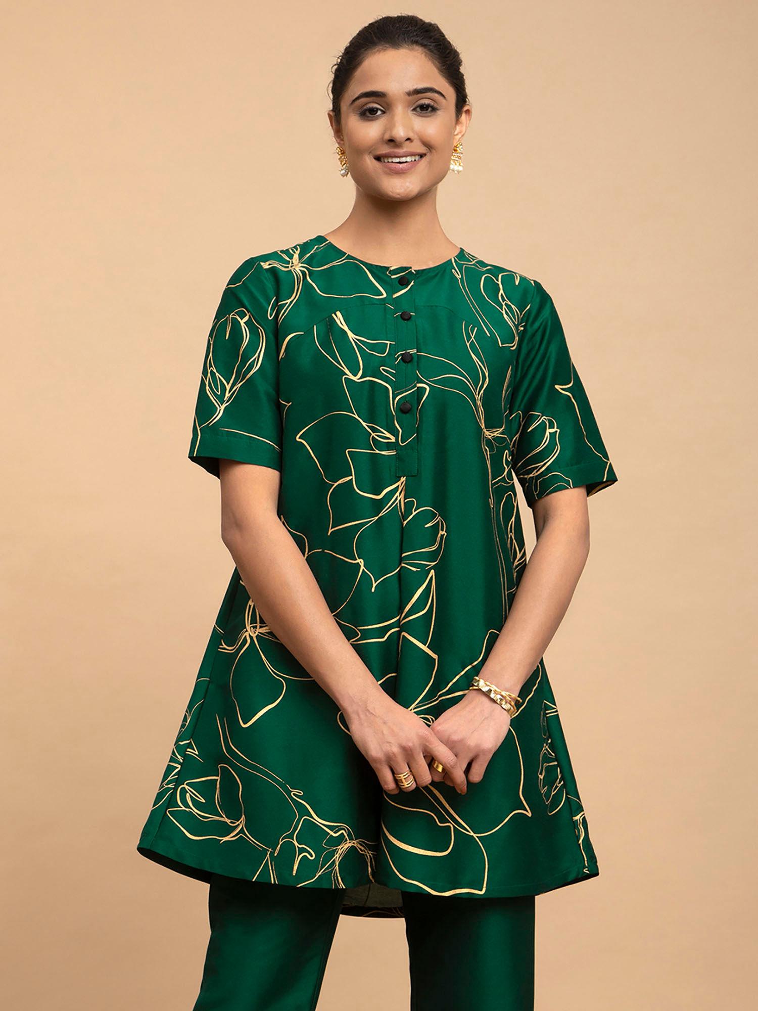 foil print silk tunic - green