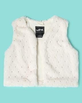 foil print sleeveless furry jacket