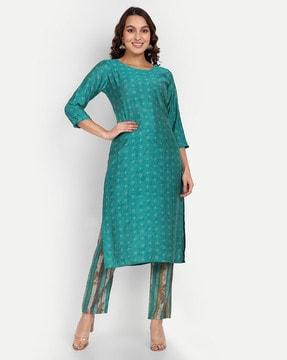 foil print straight kurta & pants with jacket set