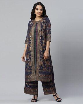 foil print straight kurta suit set with shrug