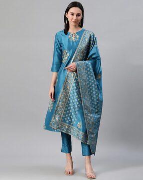 foil print straight kurta with pants & dupatta