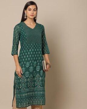 foil print straight kurta with sequin embroidery