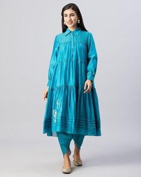 foil print tiered flared kurta with dhoti pants