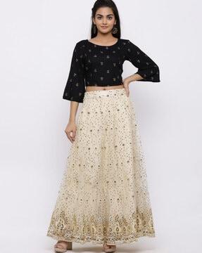 foil print top with flared skirt