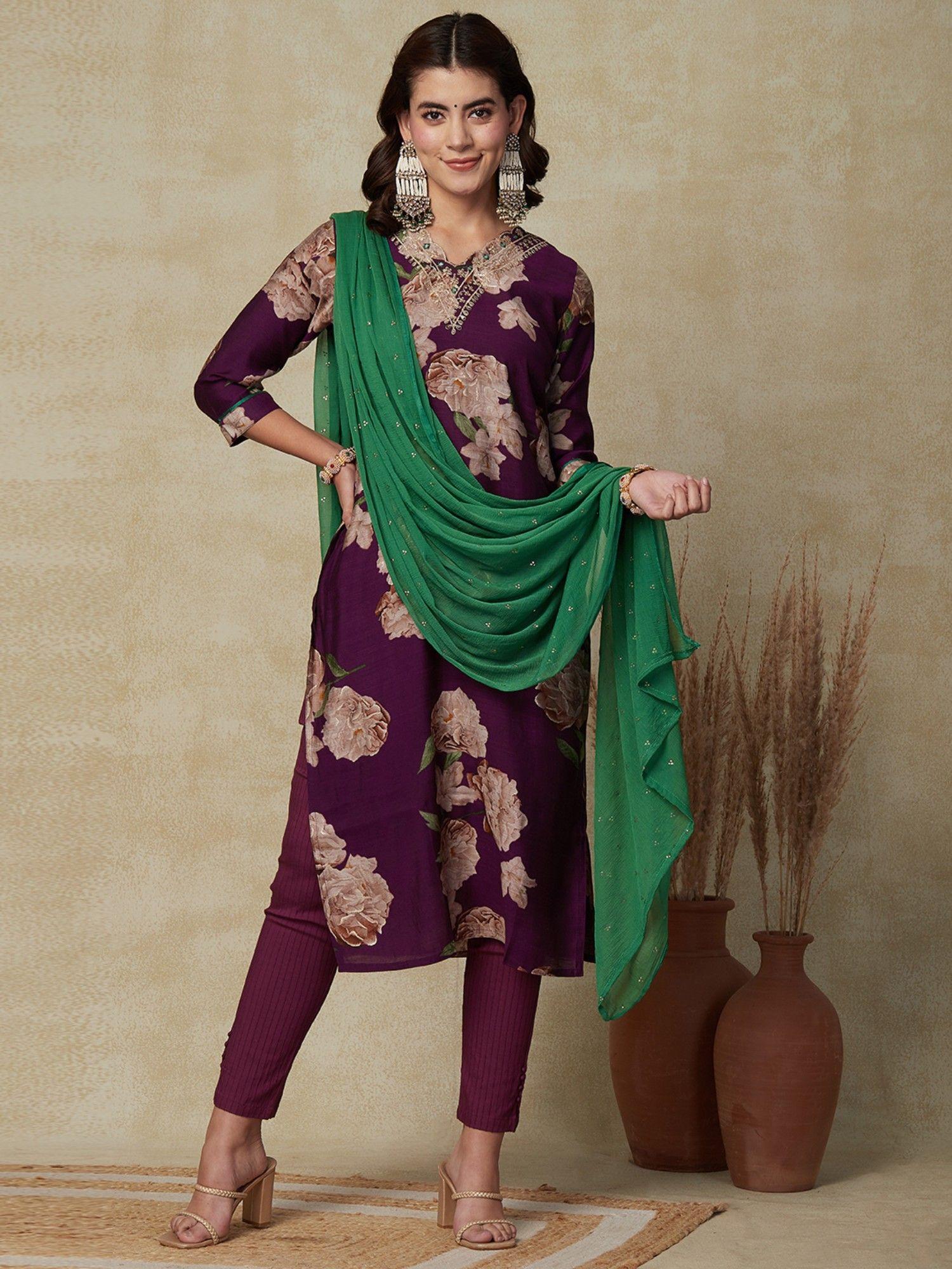 foil printed embroidered kurta with dupatta & pant - violet (set of 3)