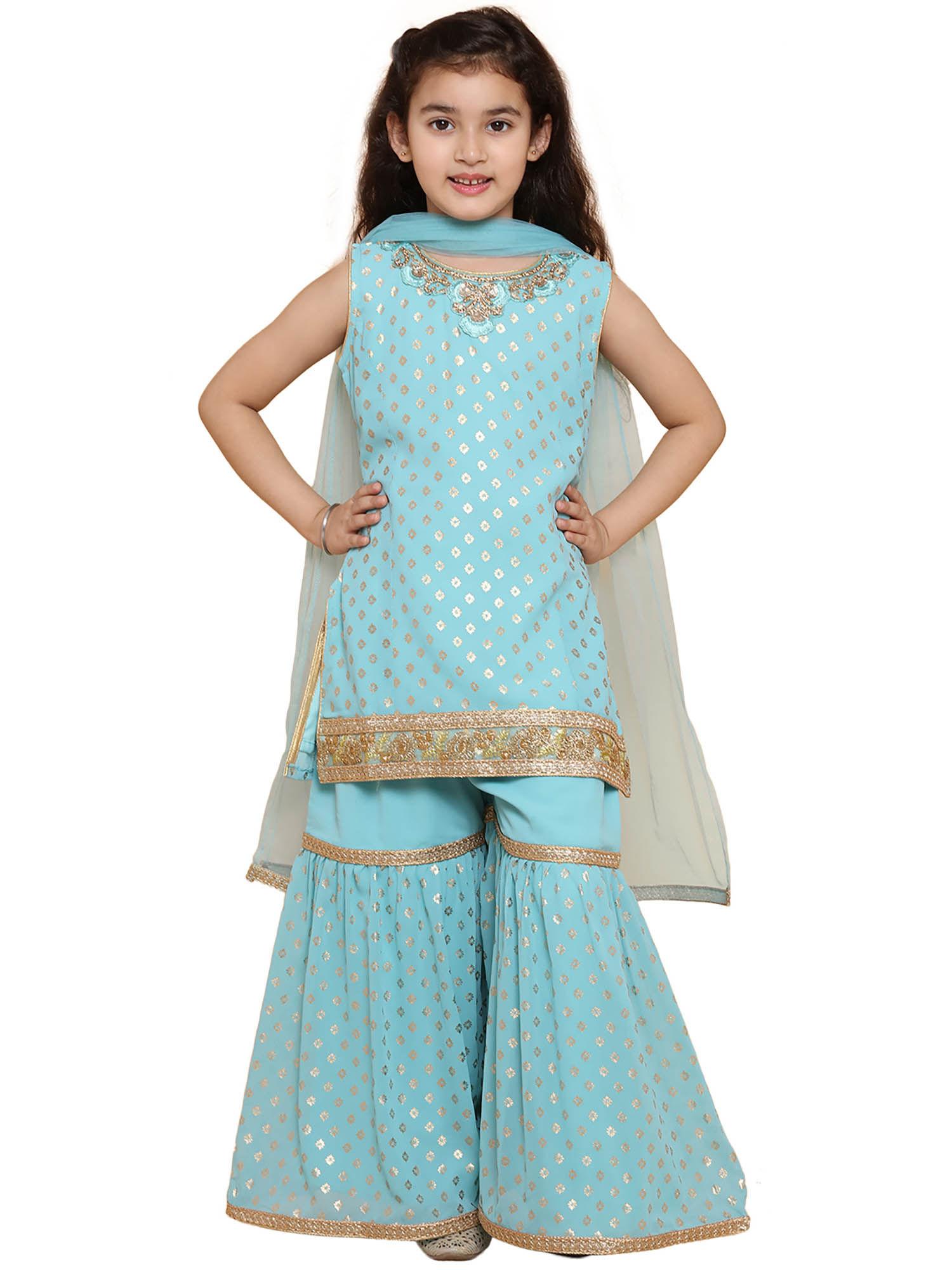 foil printed sleeveless kurta and sharara for girls (set of 3)