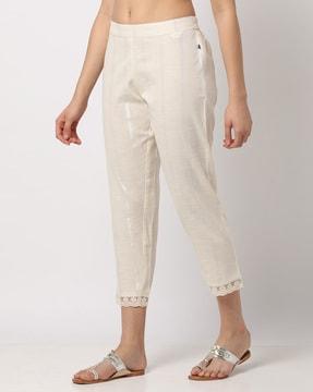 foil striped straight pants with lace trims