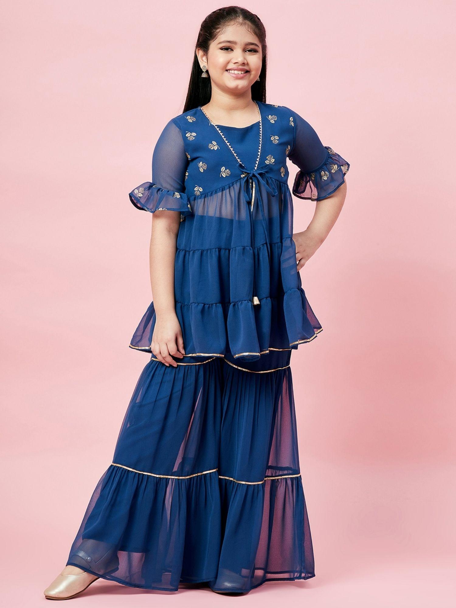 foil work printed ethnic wear kurti set -blue (set of 2)