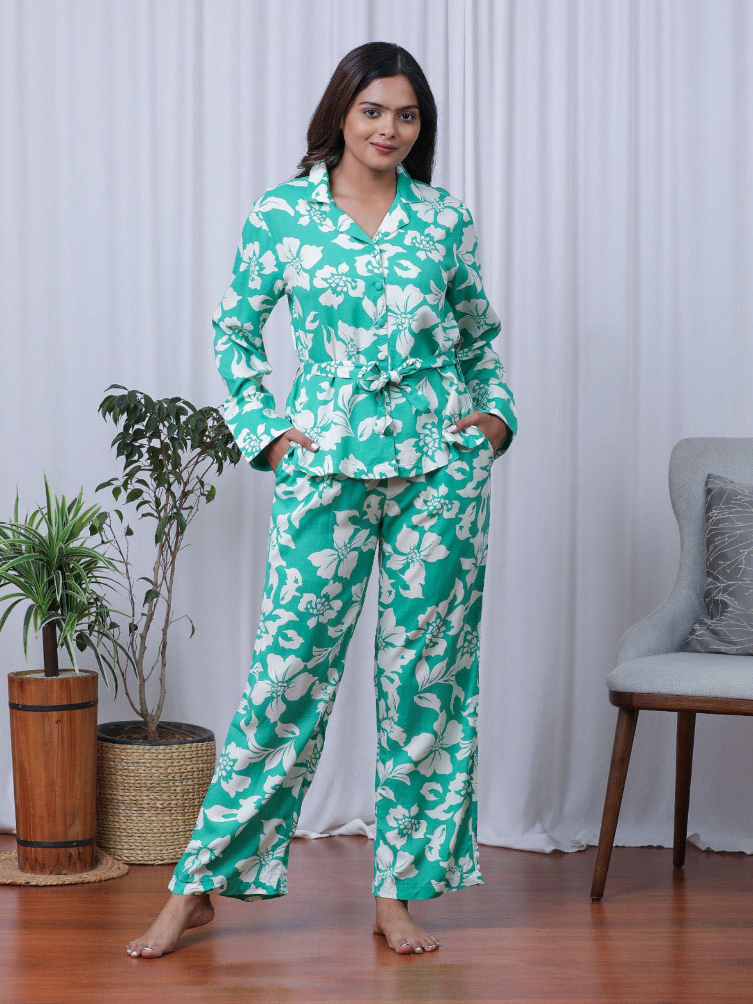 foilage green shirt with pyjama & belt (set of 3)