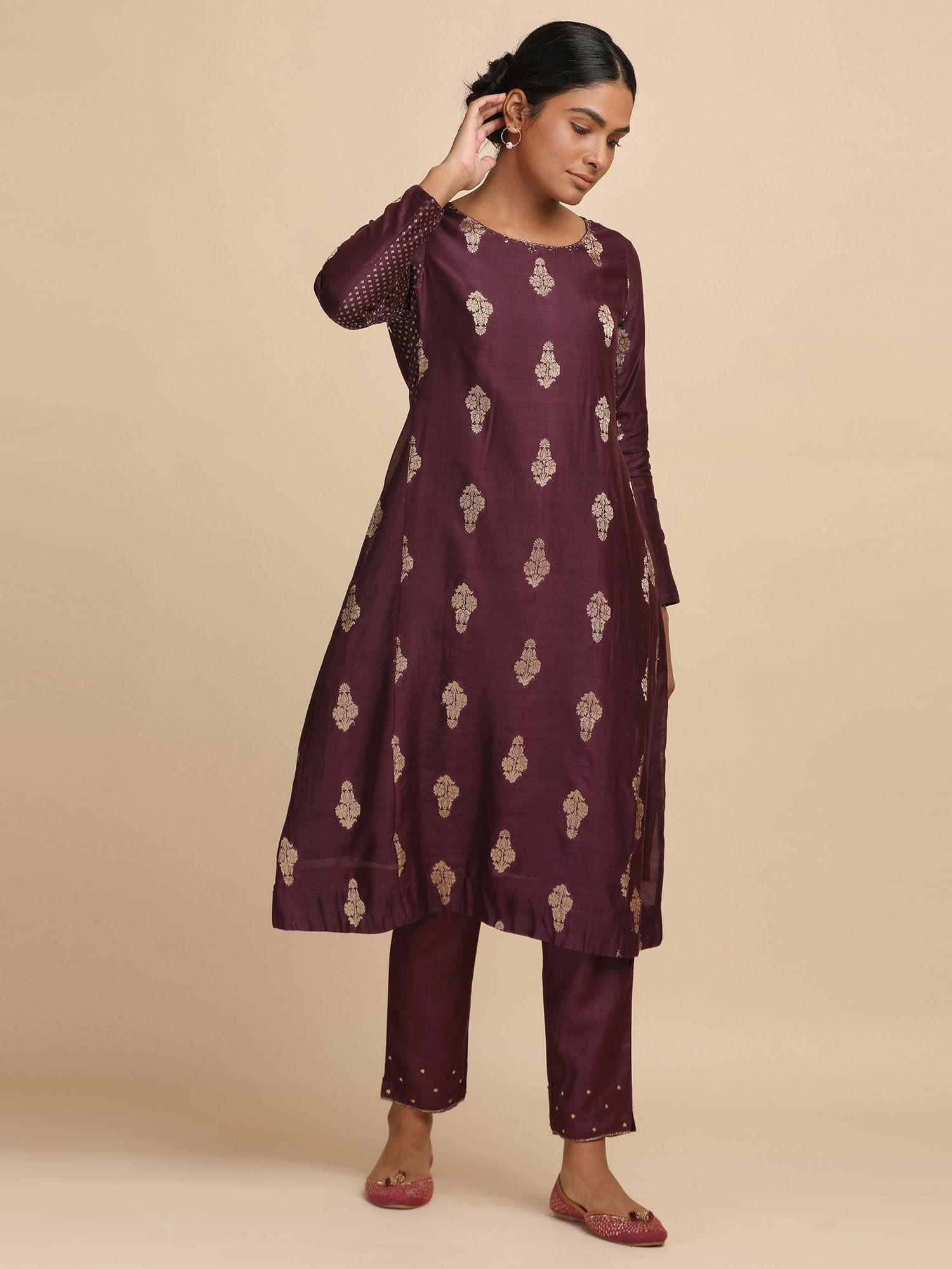 folksong by w all over buti dark purple cotton silk jacquard kurta