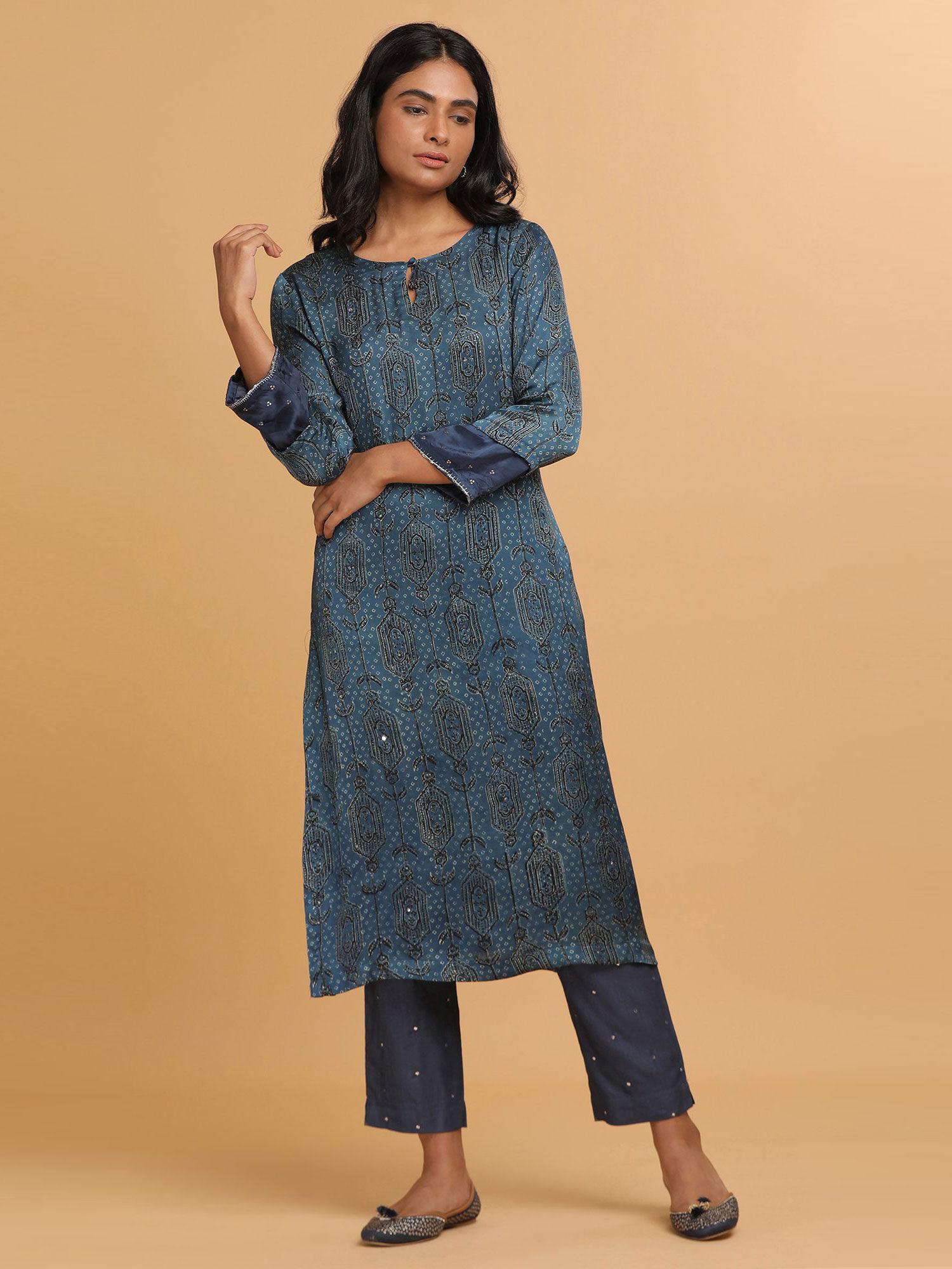 folksong by w all over jaal blue ajrakh print kurta in modal satin