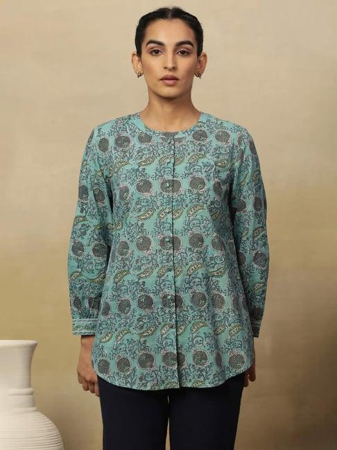 folksong by w aqua blue cotton floral print top