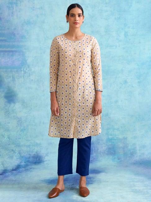 folksong by w beige cotton printed straight kurta