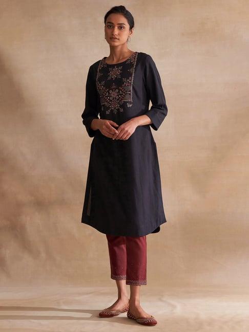 folksong by w black cotton embroidered straight kurta