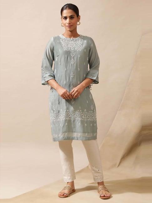 folksong by w blue cotton embroidered straight kurta