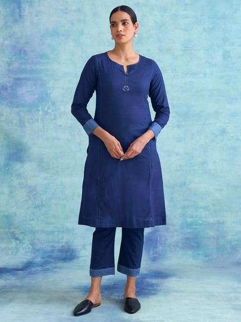 folksong by w blue cotton woven pattern a line kurta