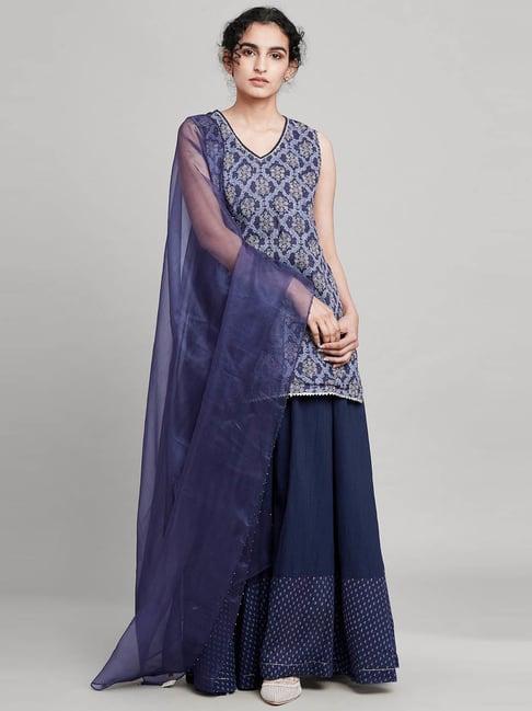 folksong by w blue linen embellished kurti skirt set with dupatta