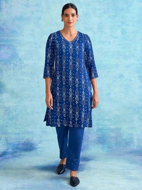 folksong by w blue printed straight kurti