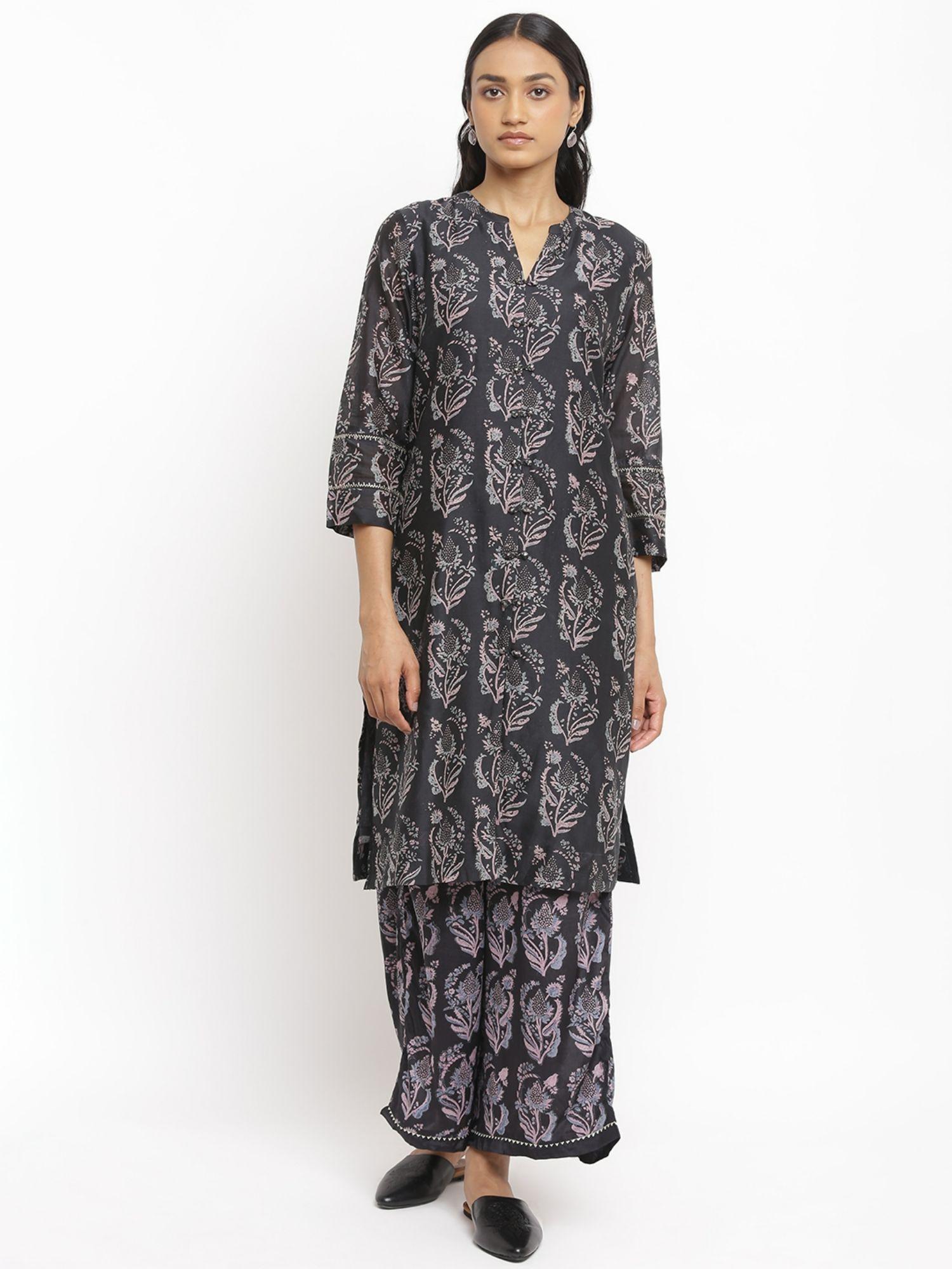 folksong by w charcoal floral print cotton silk kurta