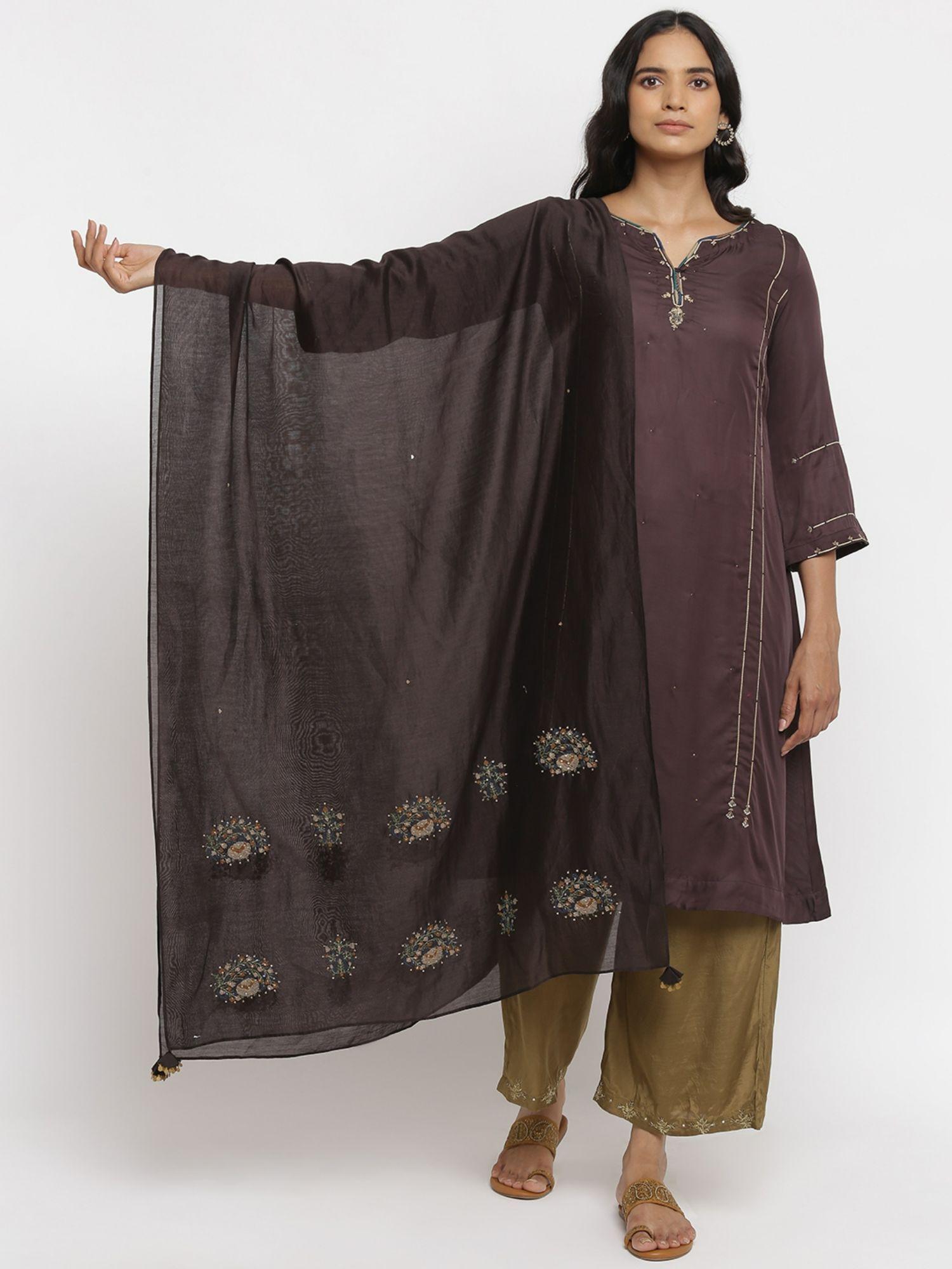 folksong by w dark brown cotton silk embroidered drape