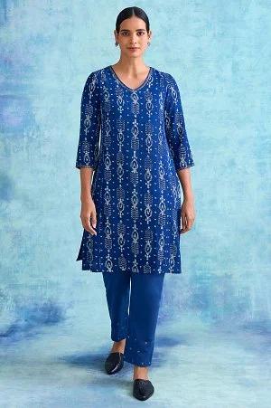 folksong by w indigo dabu print v-neck kurta