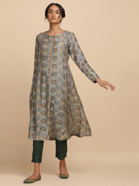 folksong by w light blue cotton floral print a line kurta