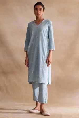 folksong by w light blue handblock dabu print kurta