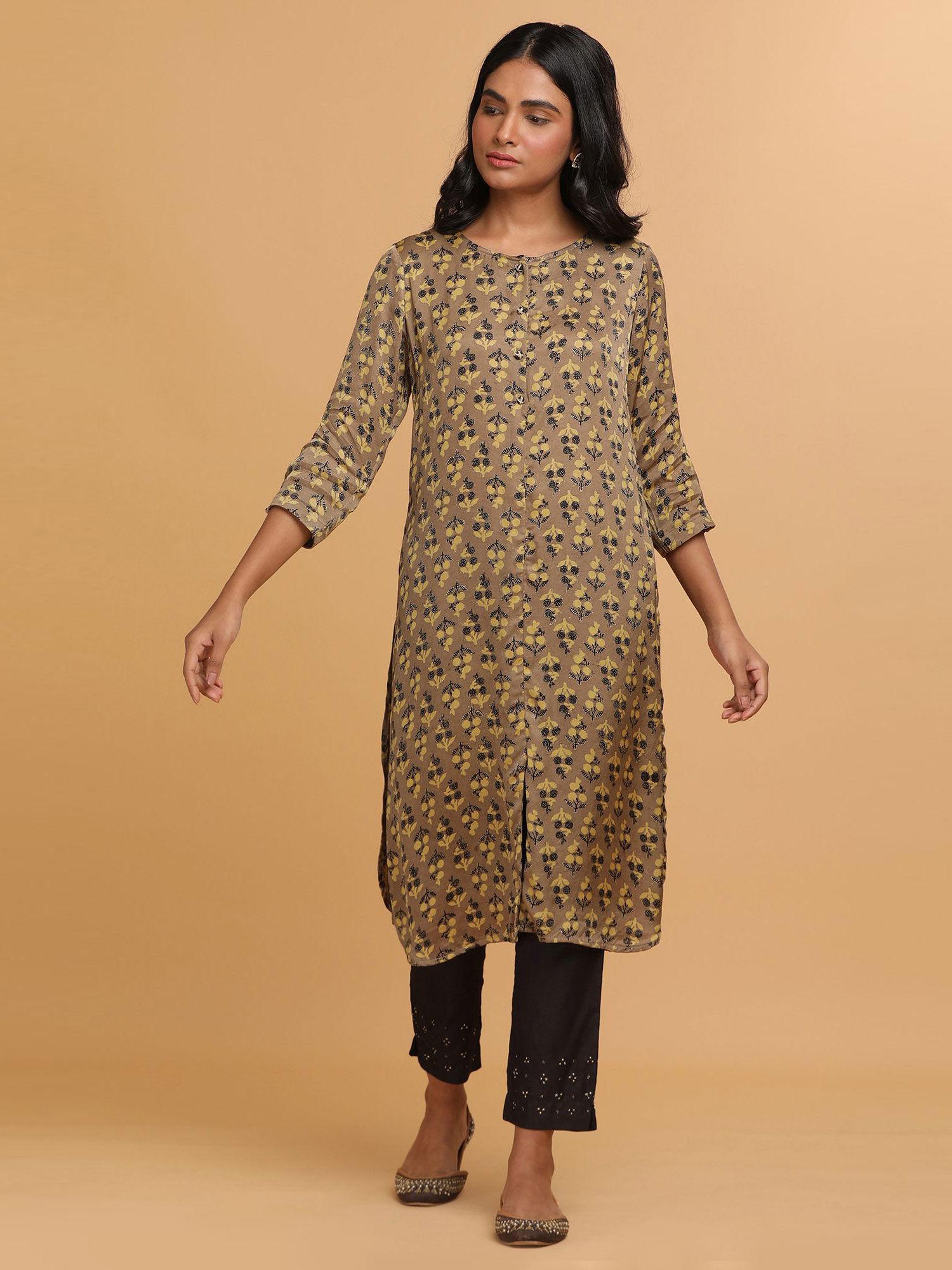 folksong by w paisley beige ajrakh print mid-length kurta