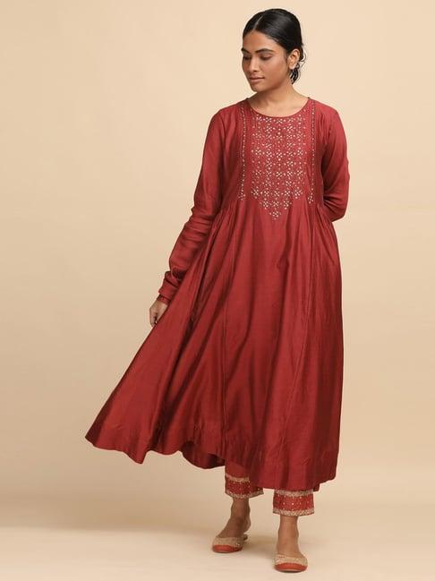 folksong by w red cotton embellished flared kurta