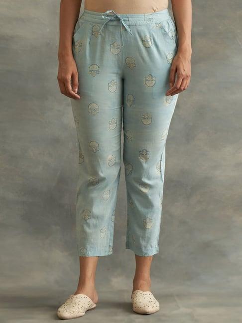 folksong by w sky blue cotton floral print pants