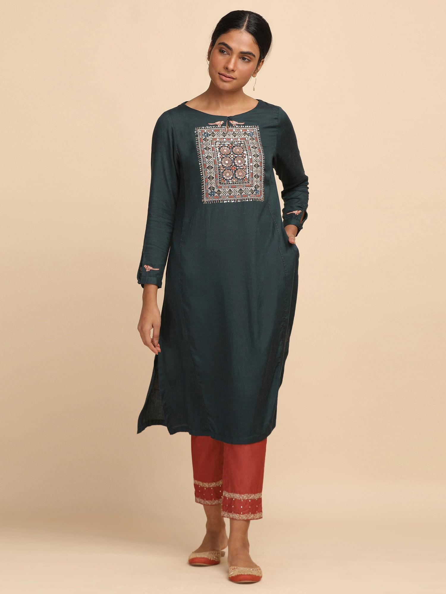 folksong by w solid teal blue embroidered kurta