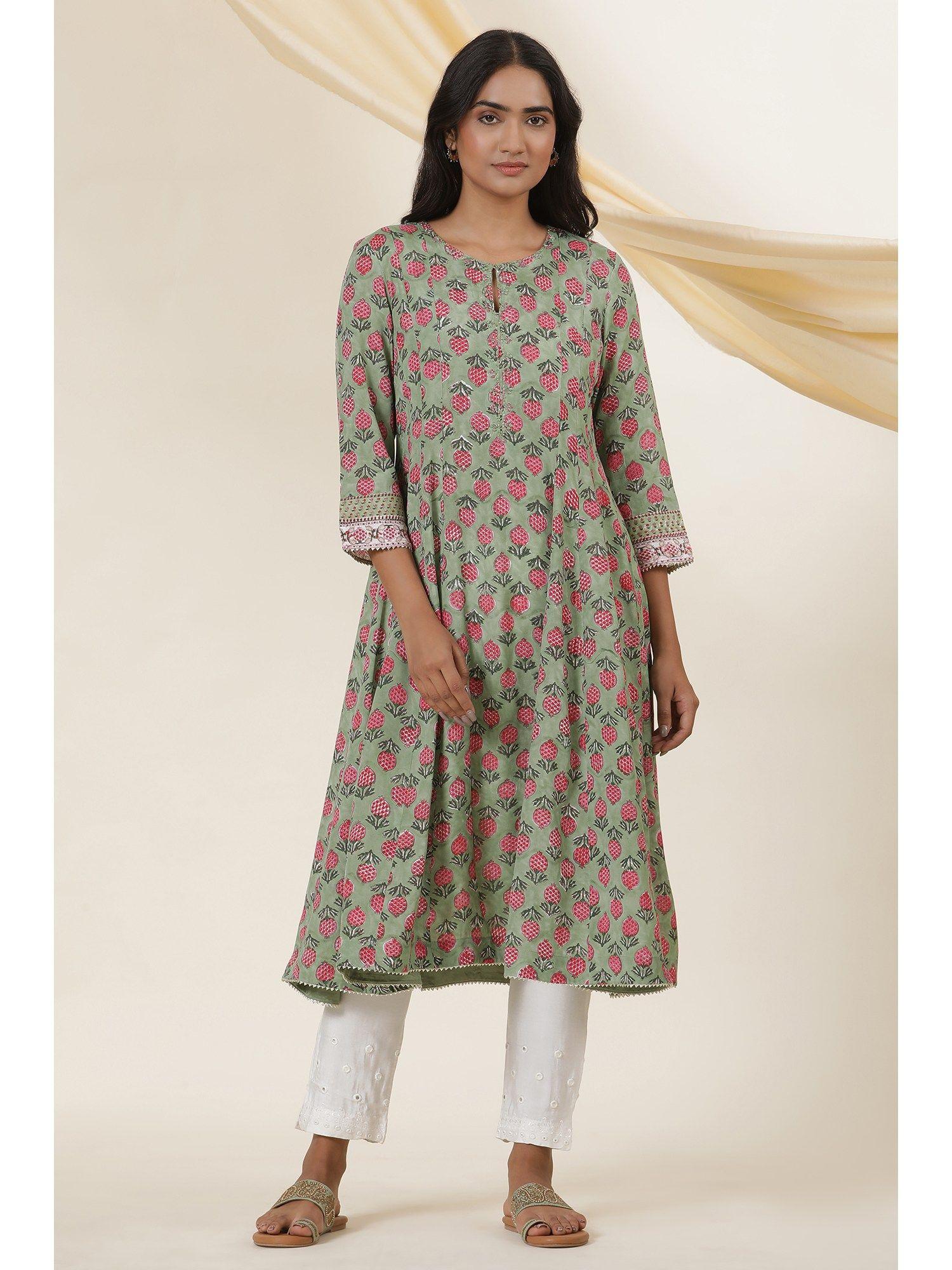 folksong by w women green festive printed viscose flared kurta