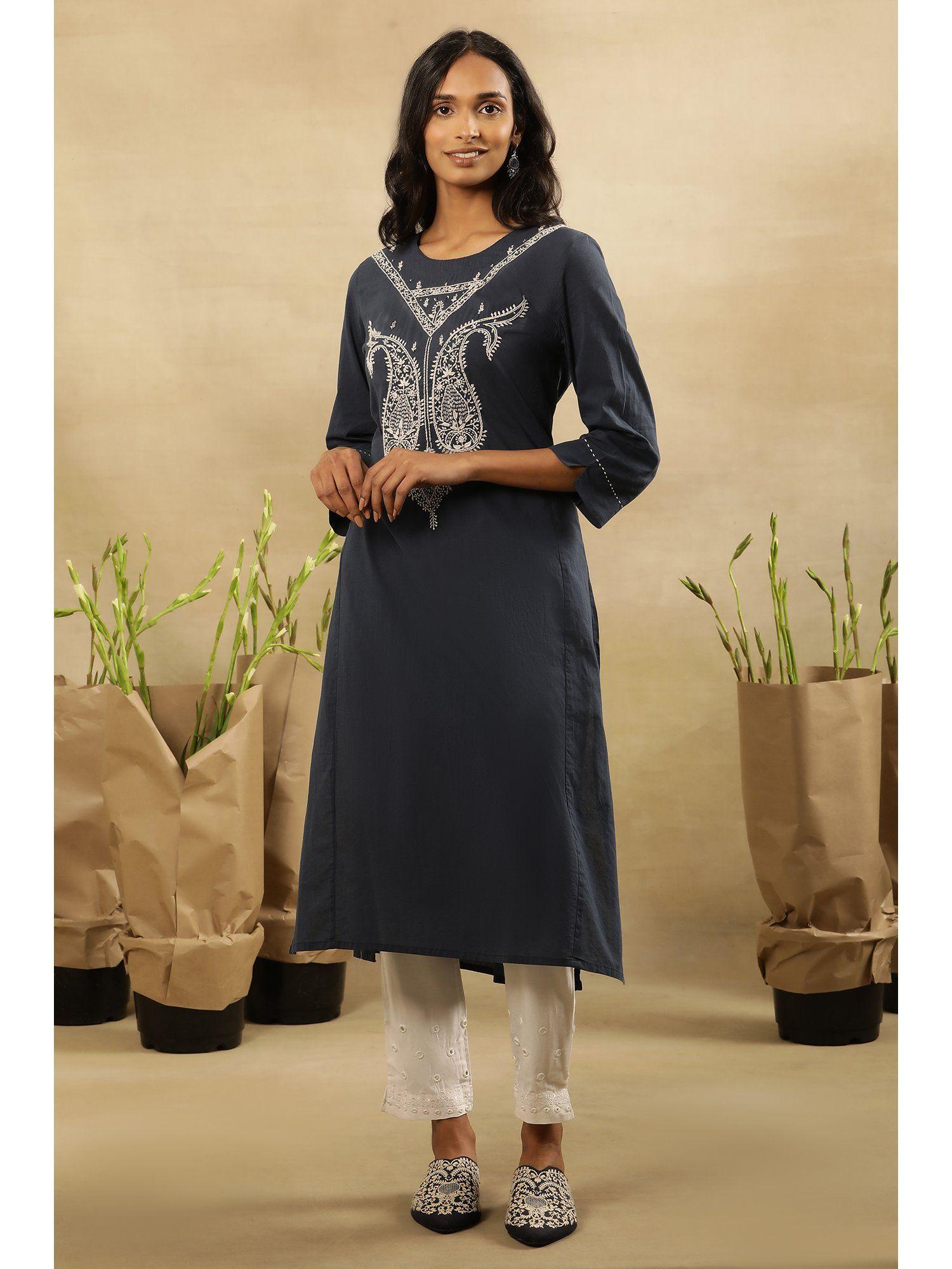 folksong by w women navy blue festive embroidered cotton straight kurta