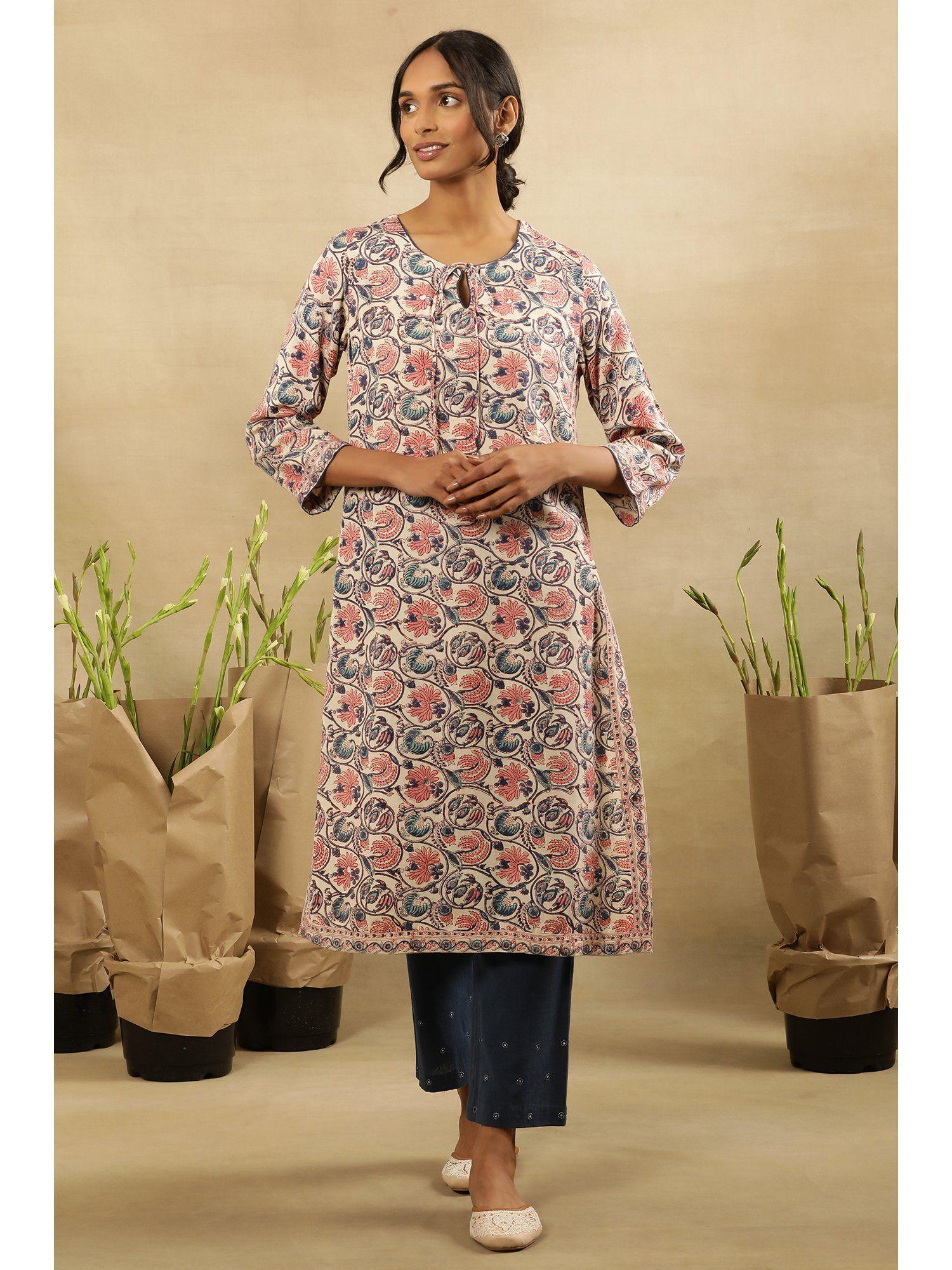 folksong by w women off white floral print viscose straight kurta