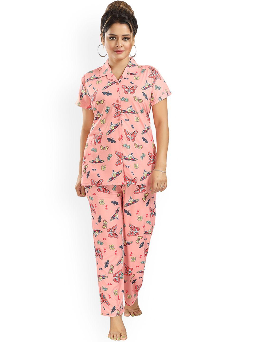 fomti women pink & red printed night suit