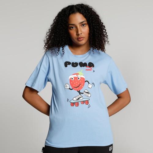 food graphic tee women typography, graphic print round neck cotton blend blue t-shirt