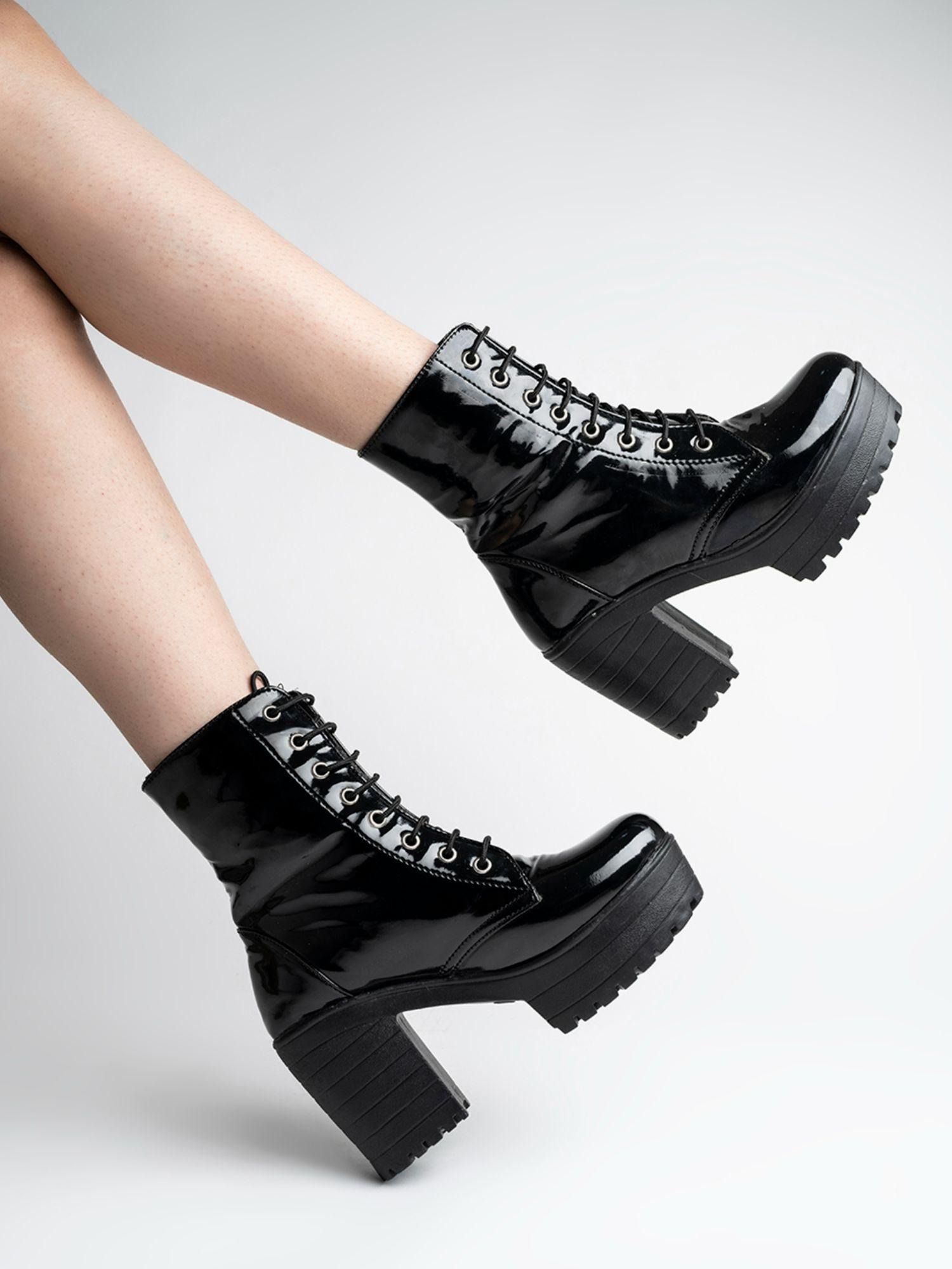 for girls lace up block heeled western black boots