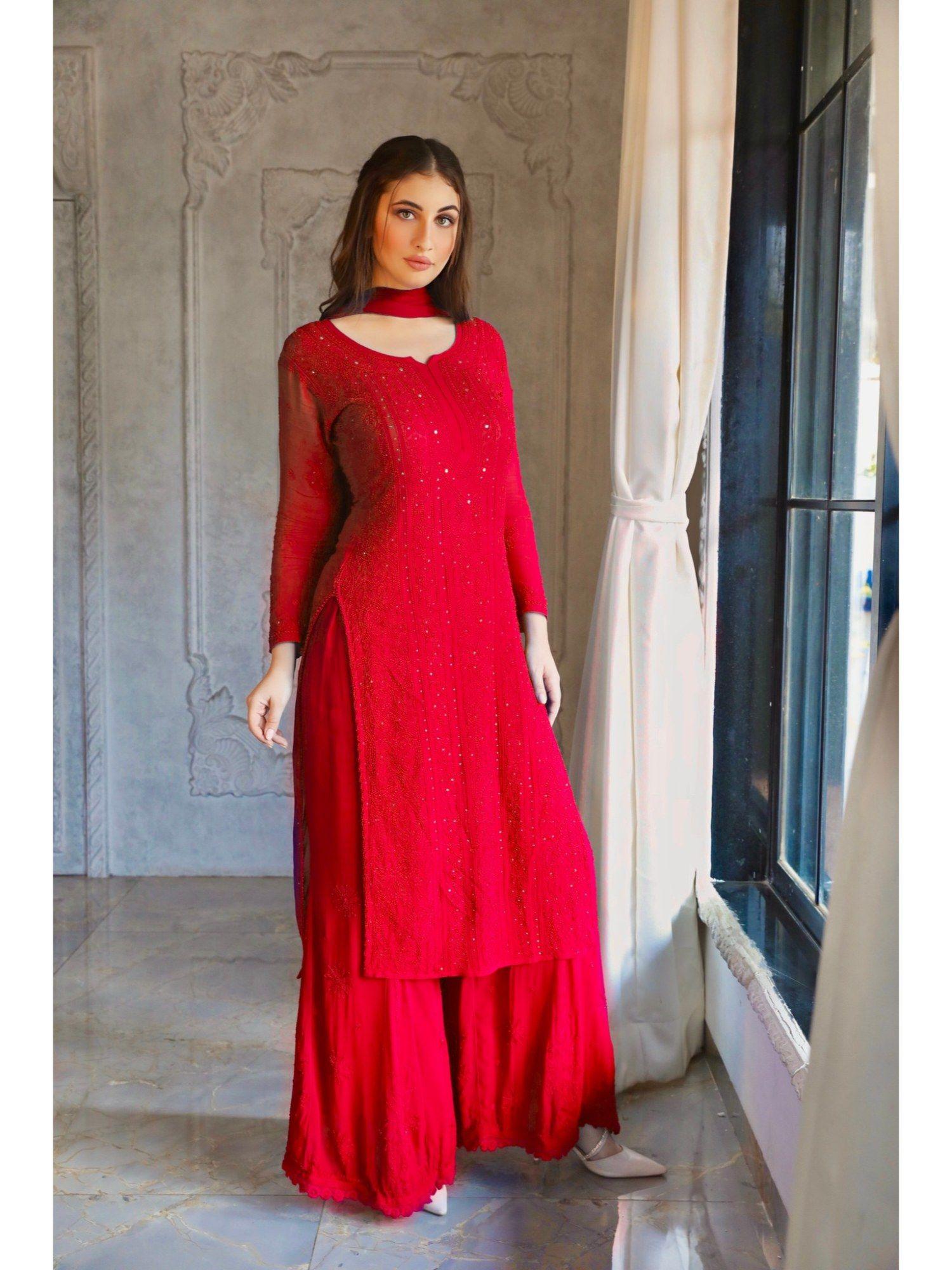 forbidden red full sleeves chikankari kurta