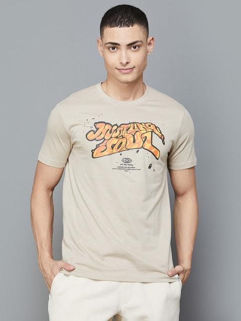 forca by lifestyle beige cotton regular fit printed t-shirt