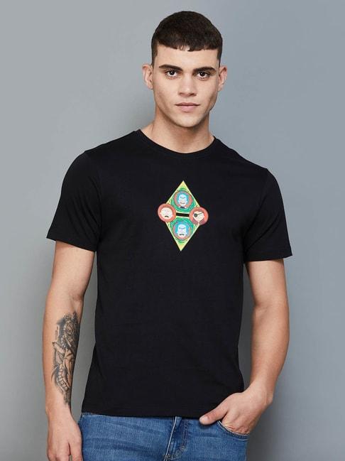 forca by lifestyle black cotton regular fit printed t-shirt