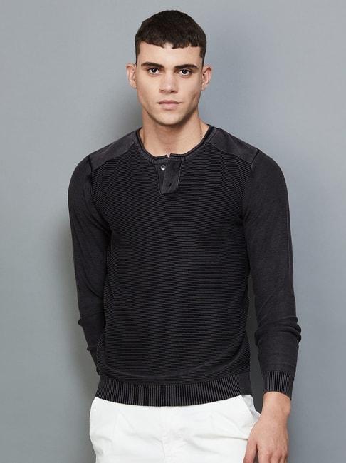 forca by lifestyle black cotton regular fit self pattern sweatshirt